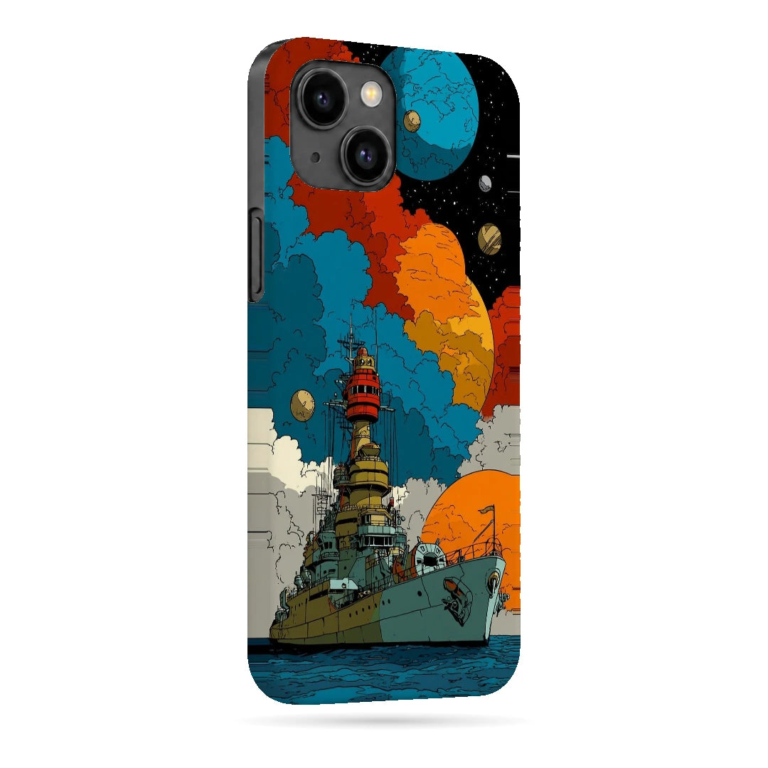 Cosmic Ship 3D Print iPhone 14 Phone Case, right-side view; a detailed ship below colorful planets and clouds