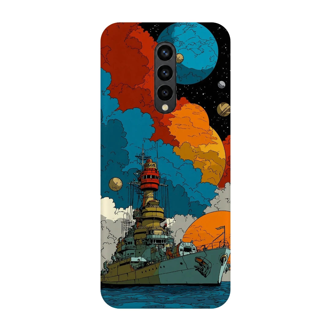 Cosmic Ship 3D Print OnePlus 8 Phone Case, back view; a detailed ship below colorful planets and clouds