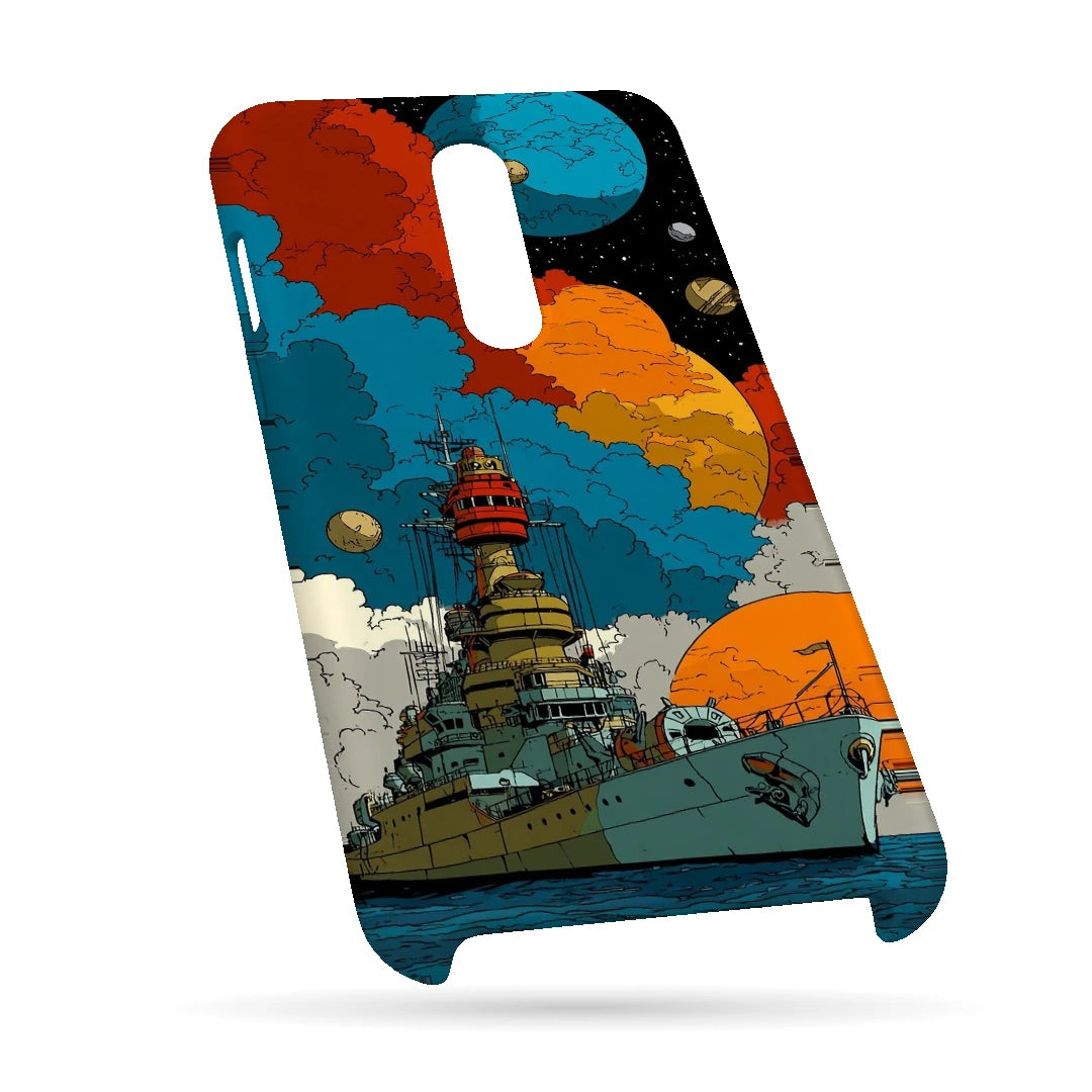 Cosmic Ship 3D Print OnePlus 8 Phone Case, bottom view; a detailed ship below colorful planets and clouds