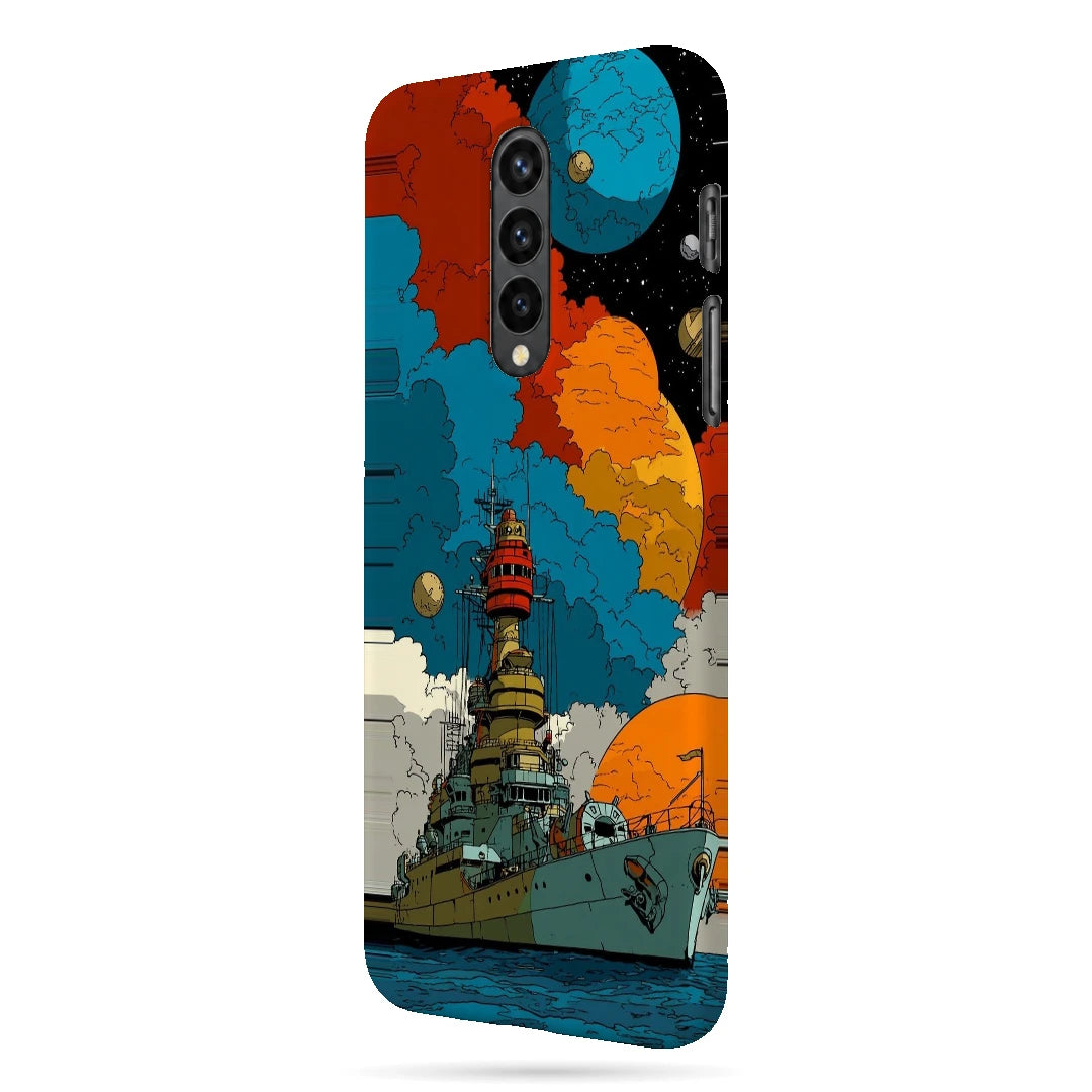 Cosmic Ship 3D Print OnePlus 8 Phone Case, right-side view; a detailed ship below colorful planets and clouds