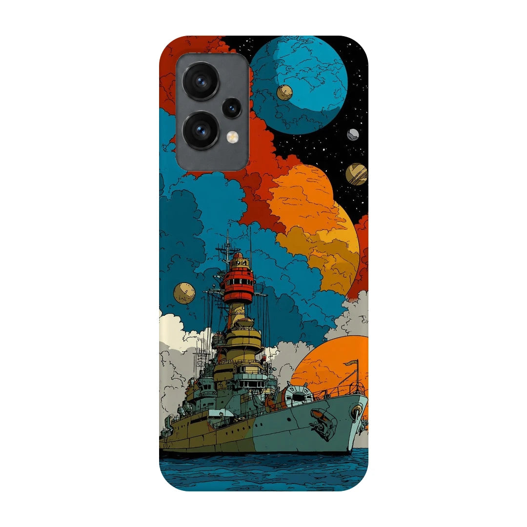 Cosmic Ship 3D Print OnePlus 9RT Phone Case, back view; a detailed ship below colorful planets and clouds
