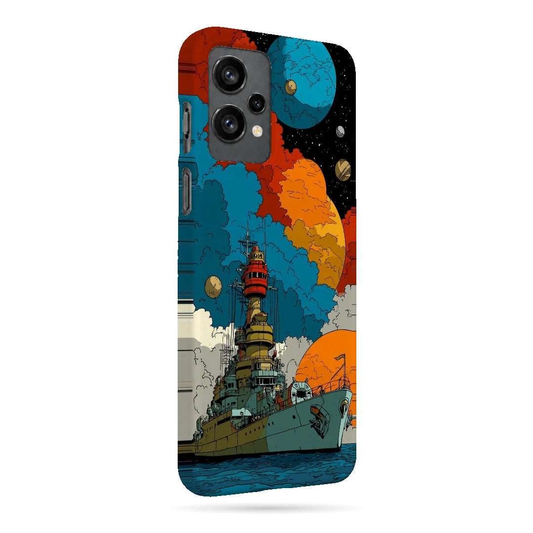 Cosmic Ship 3D Print OnePlus 9RT Phone Case, right-side view; a detailed ship below colorful planets and clouds