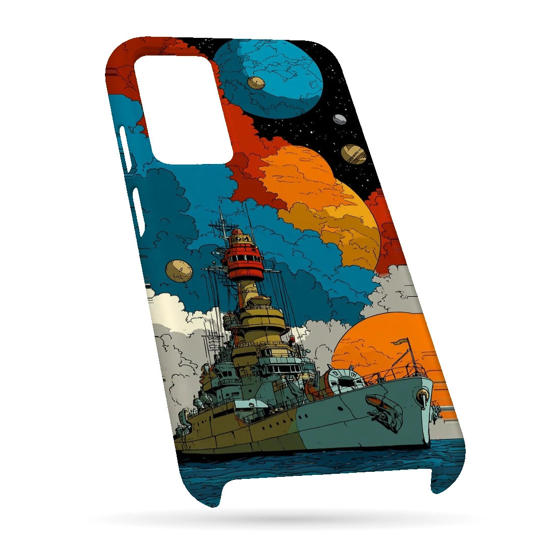 Cosmic Ship 3D Print OnePlus Nord CE 2 Lite Phone Case, bottom view; a detailed ship below colorful planets and clouds
