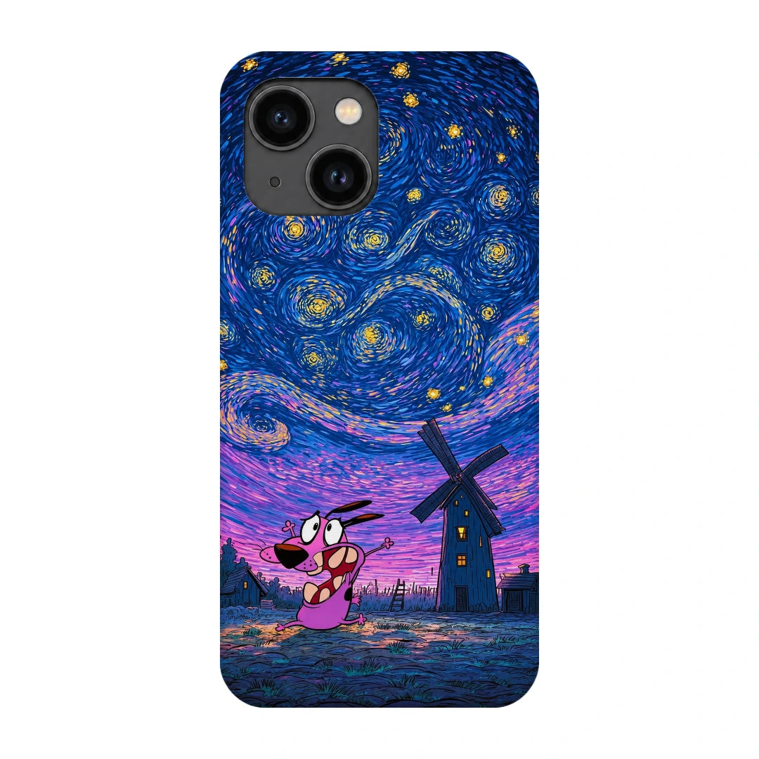 Courage Starry Night 3D Print iPhone 13 Phone Case, back view; a pink cartoon dog beneath a swirling blue and purple starry sky