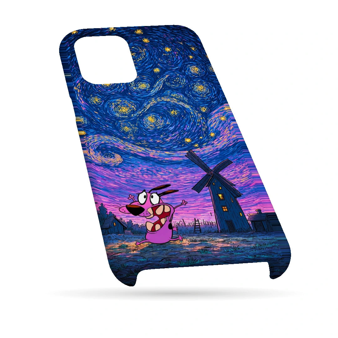 Courage Starry Night 3D Print iPhone 13 Phone Case, bottom view; a pink cartoon dog beneath a swirling blue and purple starry sky