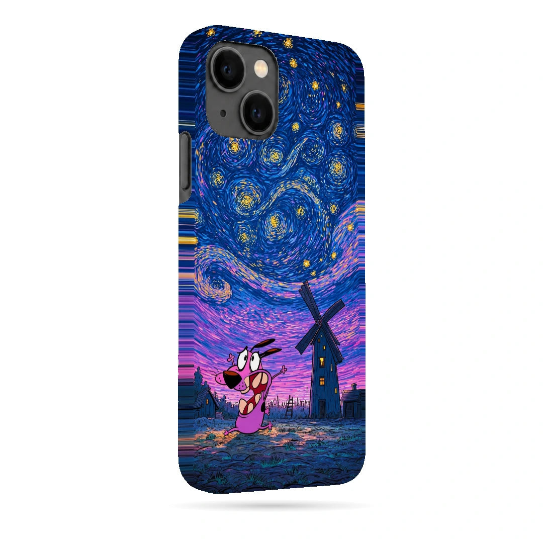 Courage Starry Night 3D Print iPhone 13 Phone Case, right-side view; a pink cartoon dog beneath a swirling blue and purple starry sky
