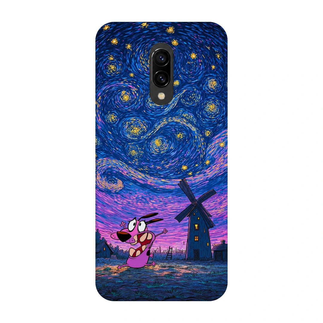 Courage Starry Night 3D Print OnePlus 7 Phone Case, back view; a pink cartoon dog beneath a swirling blue and purple starry sky