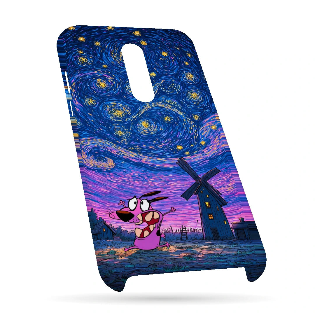 Courage Starry Night 3D Print OnePlus 7 Phone Case, bottom view; a pink cartoon dog beneath a swirling blue and purple starry sky