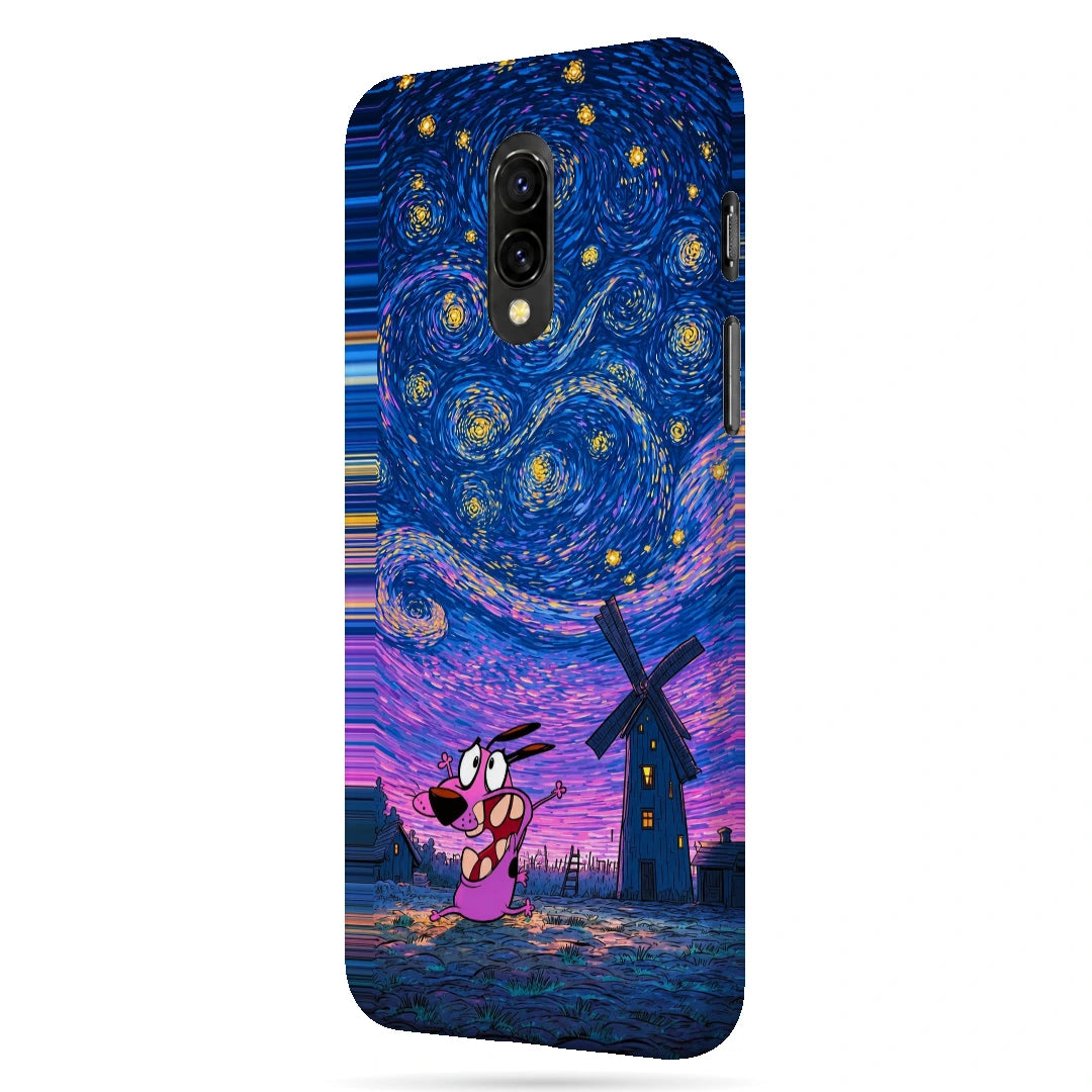 Courage Starry Night 3D Print OnePlus 7 Phone Case, right-side view; a pink cartoon dog beneath a swirling blue and purple starry sky