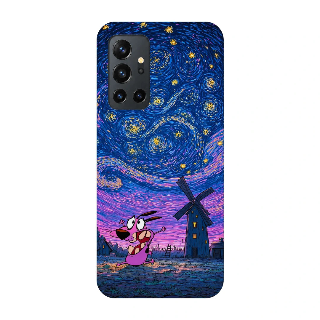 Courage Starry Night 3D Print OnePlus 8T Phone Case, back view; a pink cartoon dog beneath a swirling blue and purple starry sky