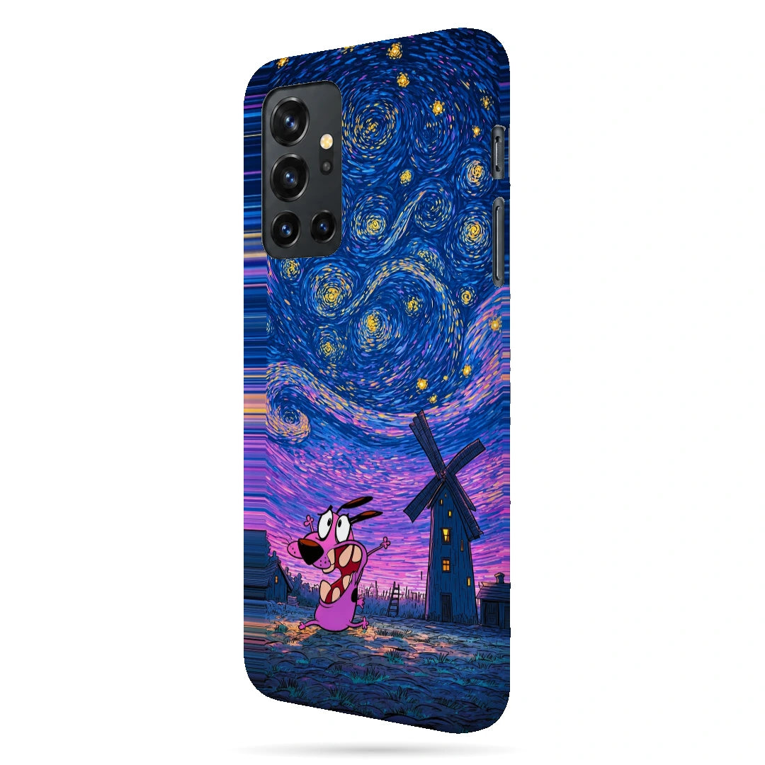 Courage Starry Night 3D Print OnePlus 8T Phone Case, right-side view; a pink cartoon dog beneath a swirling blue and purple starry sky