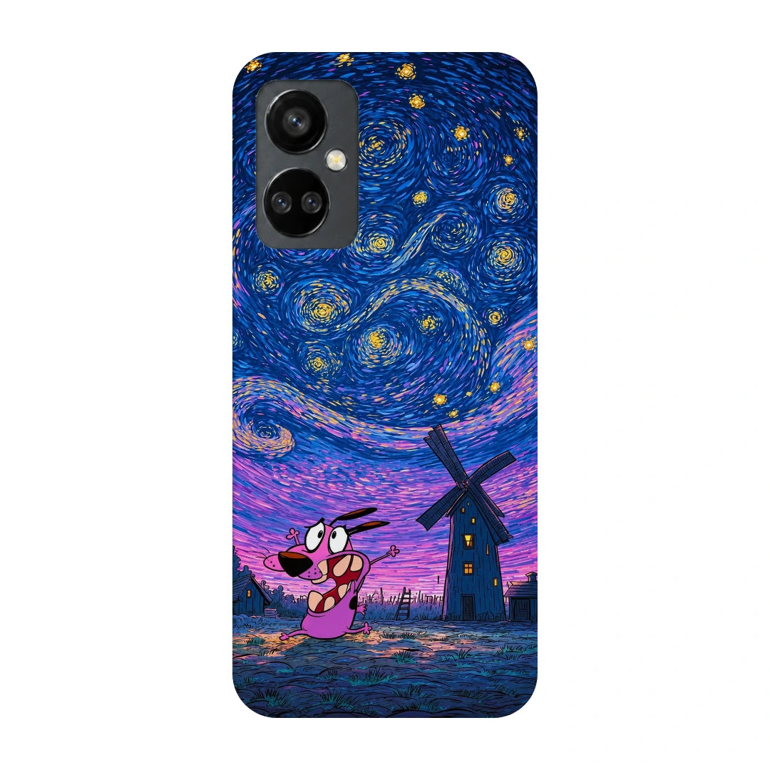 Courage Starry Night 3D Print OnePlus Nord CE 3 Lite Phone Case, back view; a pink cartoon dog beneath a swirling blue and purple starry sky