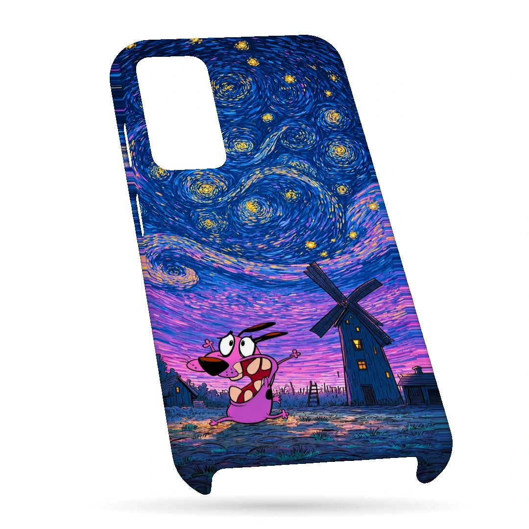 Courage Starry Night 3D Print OnePlus Nord CE 3 Lite Phone Case, bottom view; a pink cartoon dog beneath a swirling blue and purple starry sky
