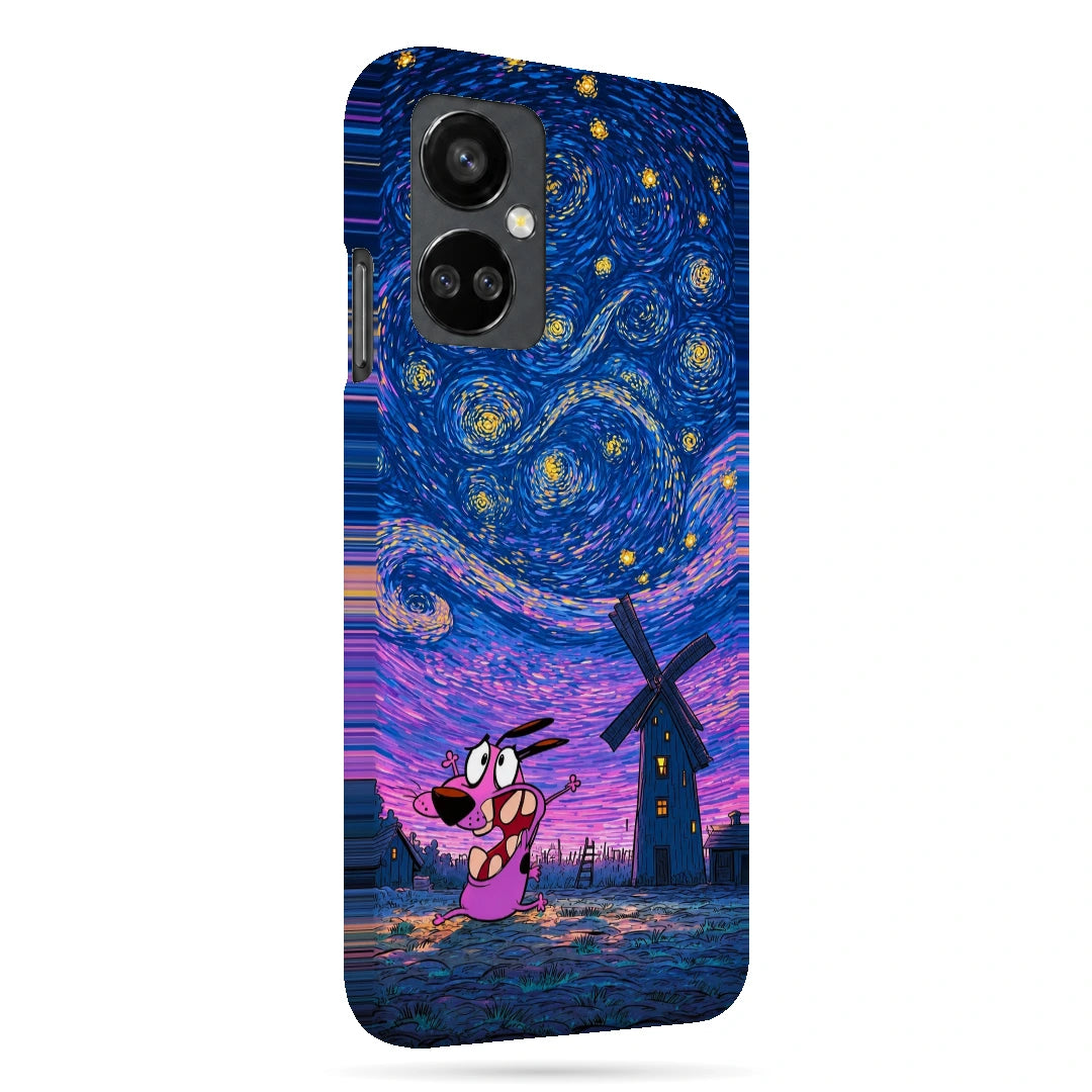 Courage Starry Night 3D Print OnePlus Nord CE 3 Lite Phone Case, right-side view; a pink cartoon dog beneath a swirling blue and purple starry sky