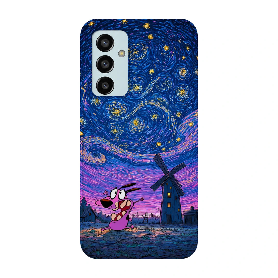 Courage Starry Night 3D Print Samsung F13 Phone Case, back view; a pink cartoon dog beneath a swirling blue and purple starry sky