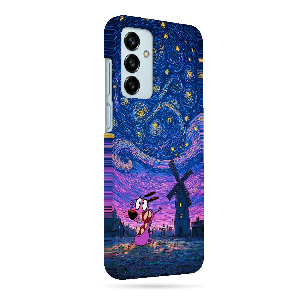 Courage Starry Night 3D Print Samsung F13 Phone Case, right-side view; a pink cartoon dog beneath a swirling blue and purple starry sky