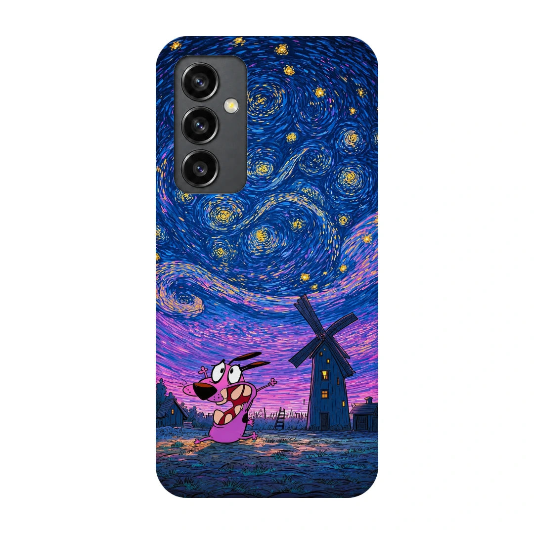 Courage Starry Night 3D Print Samsung S23 FE Phone Case, back view; a pink cartoon dog beneath a swirling blue and purple starry sky