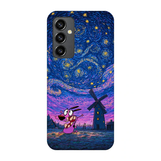 Courage Starry Night 3D Print Samsung S23 FE Phone Case, back view; a pink cartoon dog beneath a swirling blue and purple starry sky