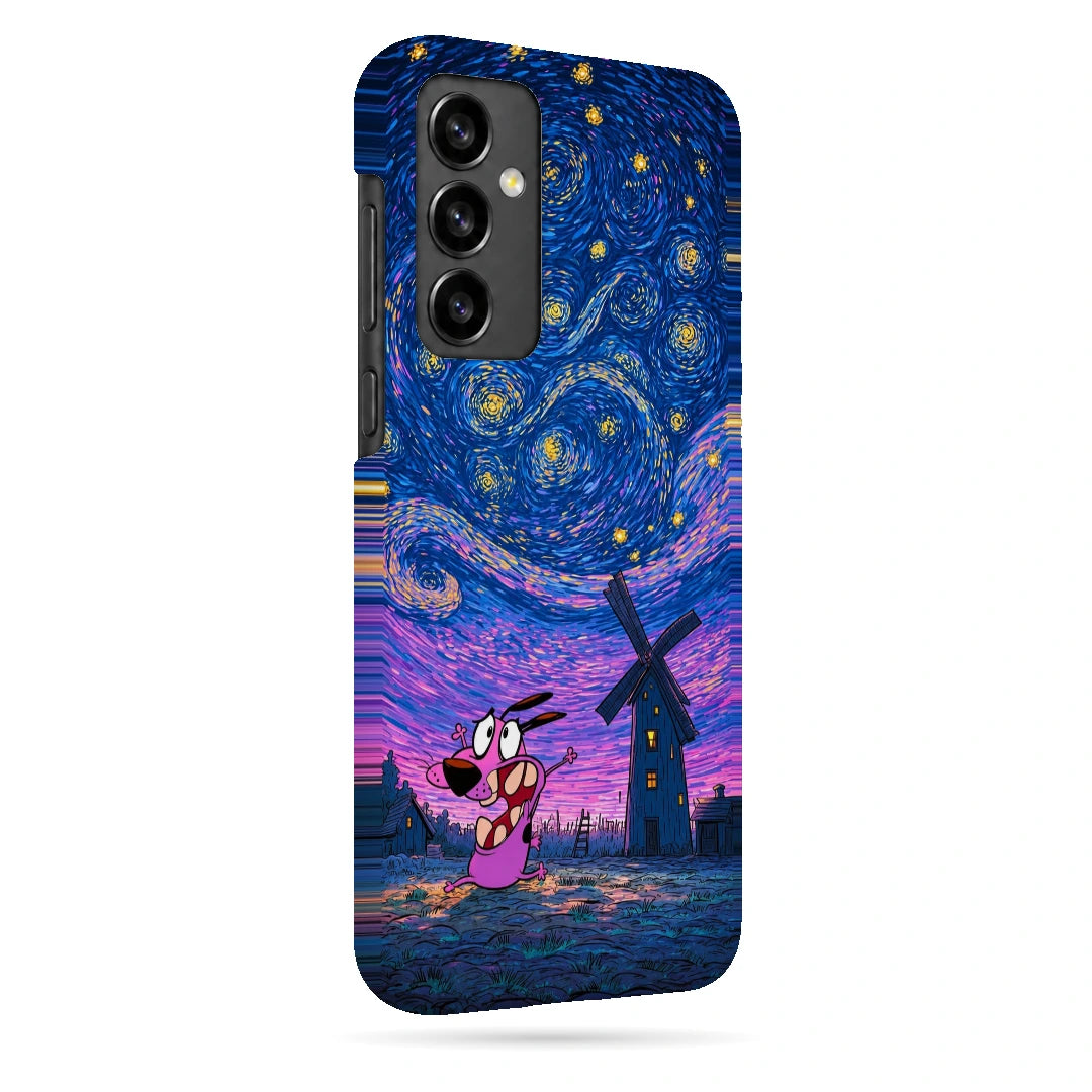 Courage Starry Night 3D Print Samsung S23 FE Phone Case, right-side view; a pink cartoon dog beneath a swirling blue and purple starry sky