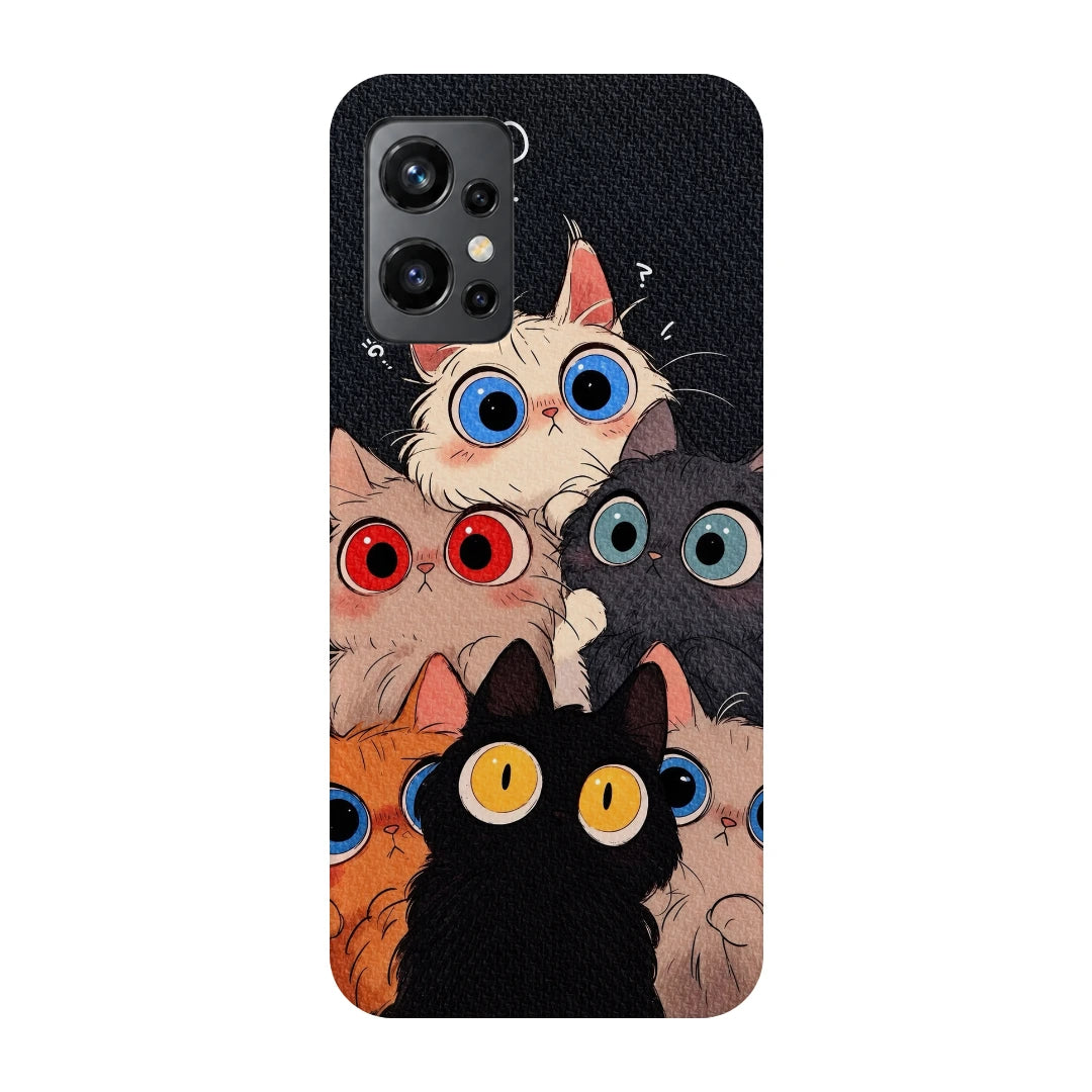 Curious Cat Parade 3D Print OnePlus 9R Phone Case, back view; stacked wide-eyed cats in black, cream, orange and gray against a dark textured background