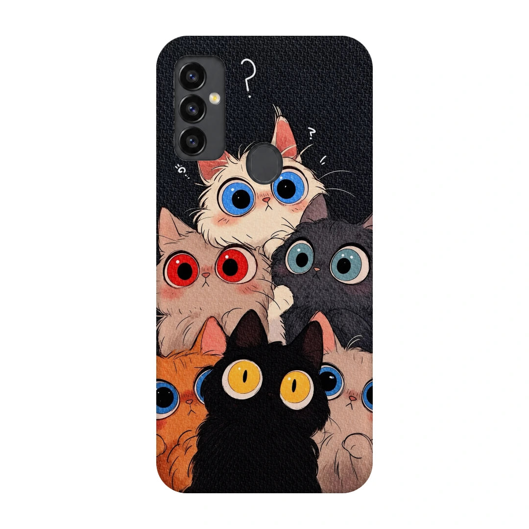 Curious Cat Parade 3D Print Samsung M11 Phone Case, back view; stacked wide-eyed cats in black, cream, orange and gray against a dark textured background