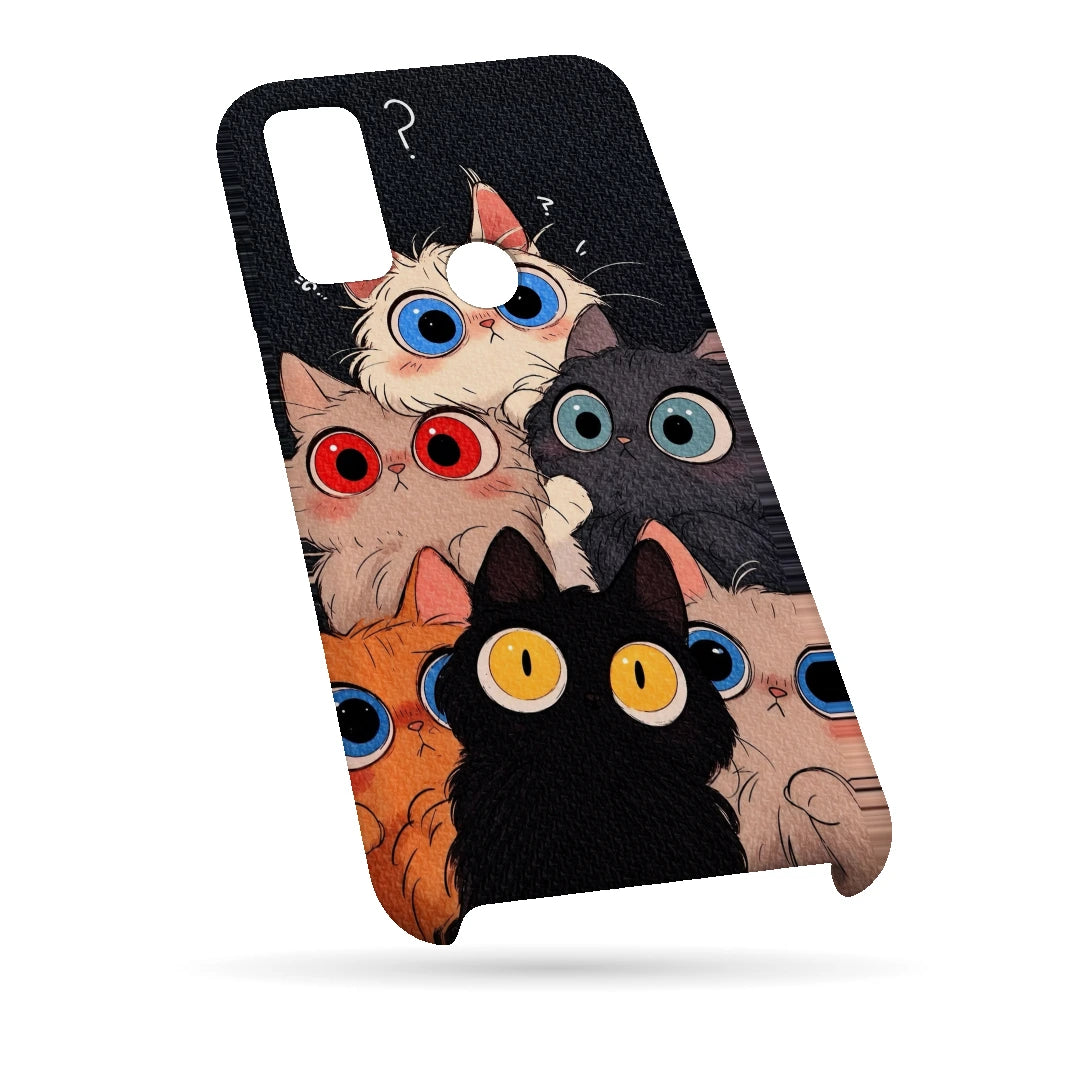 Curious Cat Parade 3D Print Samsung M11 Phone Case, bottom view; stacked wide-eyed cats in black, cream, orange and gray against a dark textured background