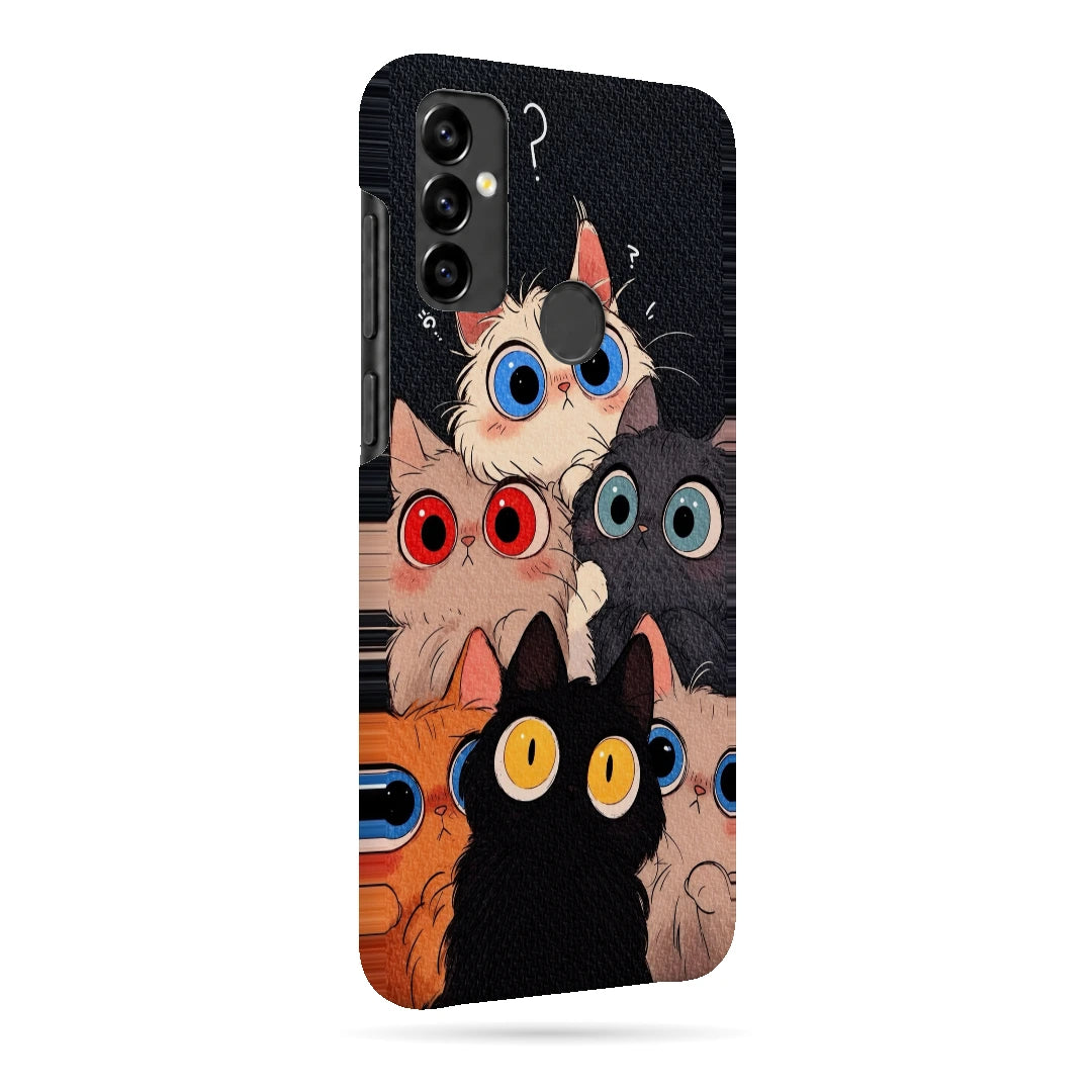 Curious Cat Parade 3D Print Samsung M11 Phone Case, right-side view; stacked wide-eyed cats in black, cream, orange and gray against a dark textured background
