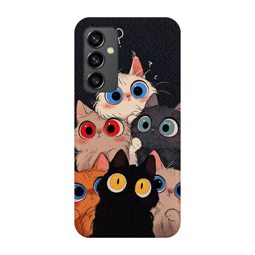 Curious Cat Parade 3D Print Samsung S23 FE Phone Case, back view; stacked wide-eyed cats in black, cream, orange and gray against a dark textured background