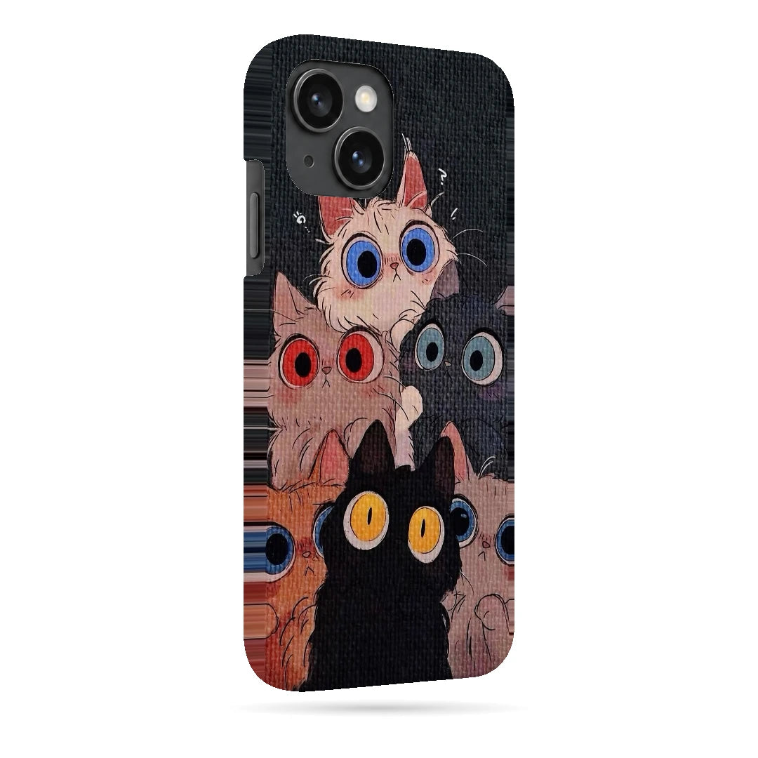 Curious Cats Close-Up 3D Print iPhone 15 Phone Case, right-side view; wide-eyed cats in cream, black, orange and gray on a dark background