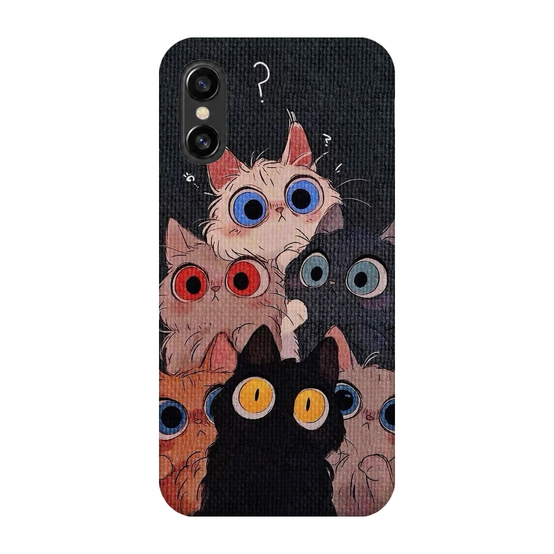 Curious Cats Close-Up 3D Print iPhone XS Phone Case, back view; wide-eyed cats in cream, black, orange and gray on a dark background