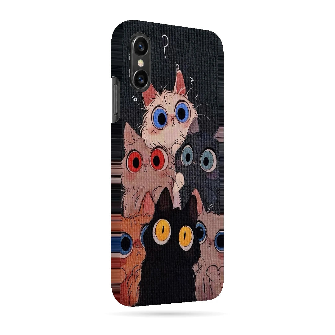 Curious Cats Close-Up 3D Print iPhone XS Phone Case, right-side view; wide-eyed cats in cream, black, orange and gray on a dark background