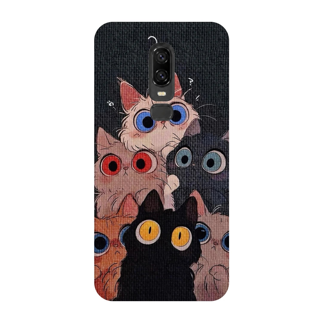 Curious Cats Close-Up 3D Print OnePlus 6 Phone Case, back view; wide-eyed cats in cream, black, orange and gray on a dark background