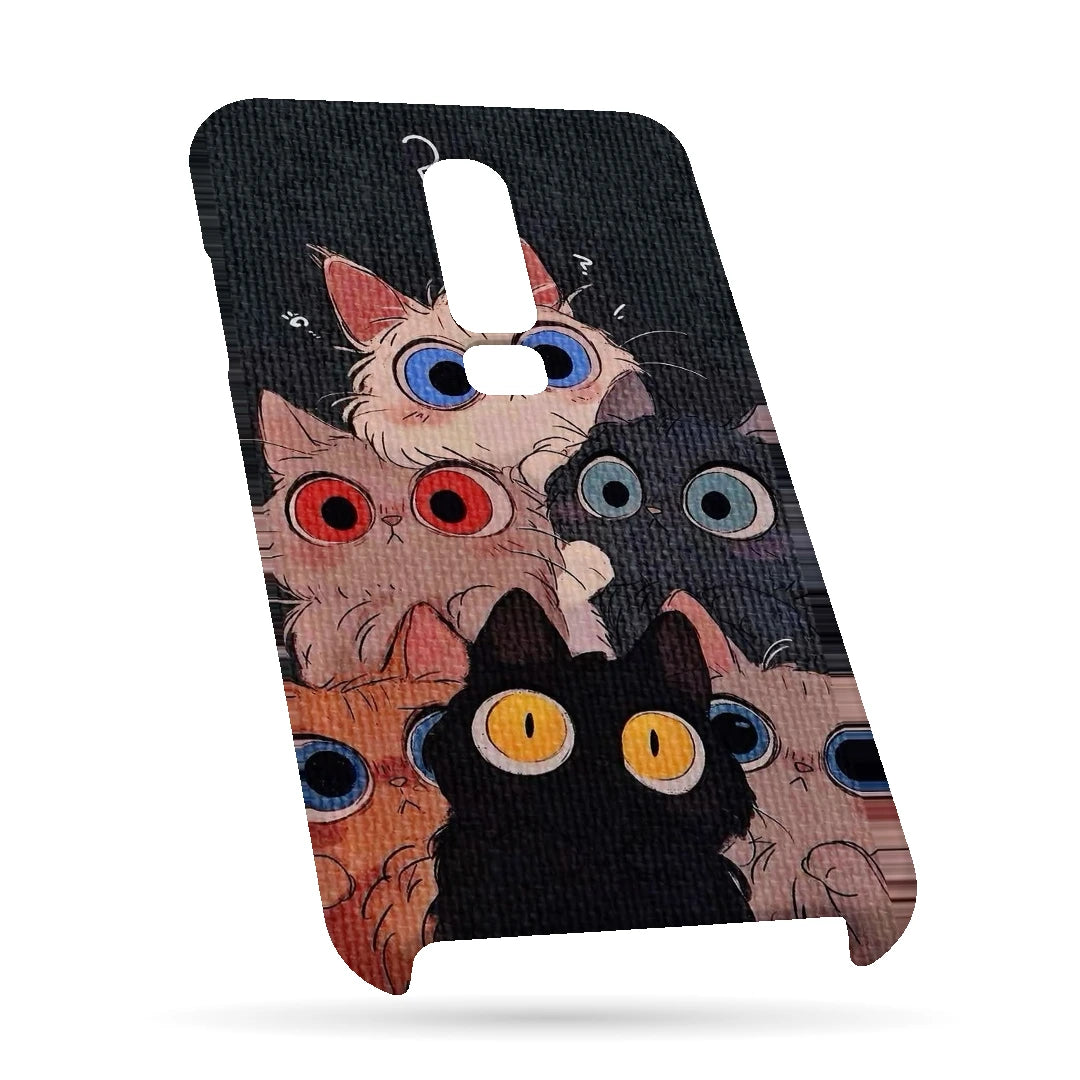 Curious Cats Close-Up 3D Print OnePlus 6 Phone Case, bottom view; wide-eyed cats in cream, black, orange and gray on a dark background
