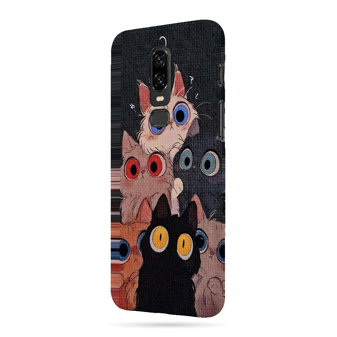 Curious Cats Close-Up 3D Print OnePlus 6 Phone Case, right-side view; wide-eyed cats in cream, black, orange and gray on a dark background
