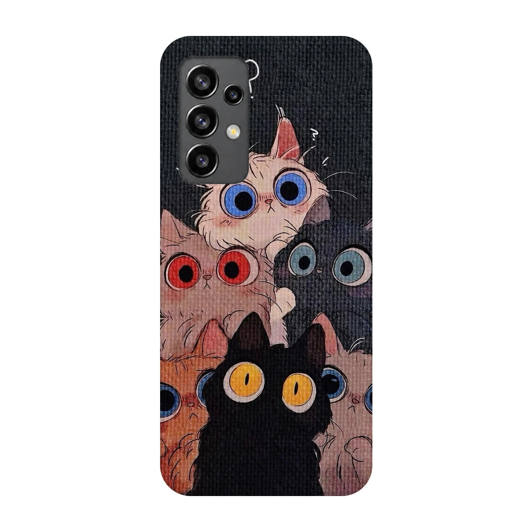 Curious Cats Close-Up 3D Print Samsung A32 4G Phone Case, back view; wide-eyed cats in cream, black, orange and gray on a dark background