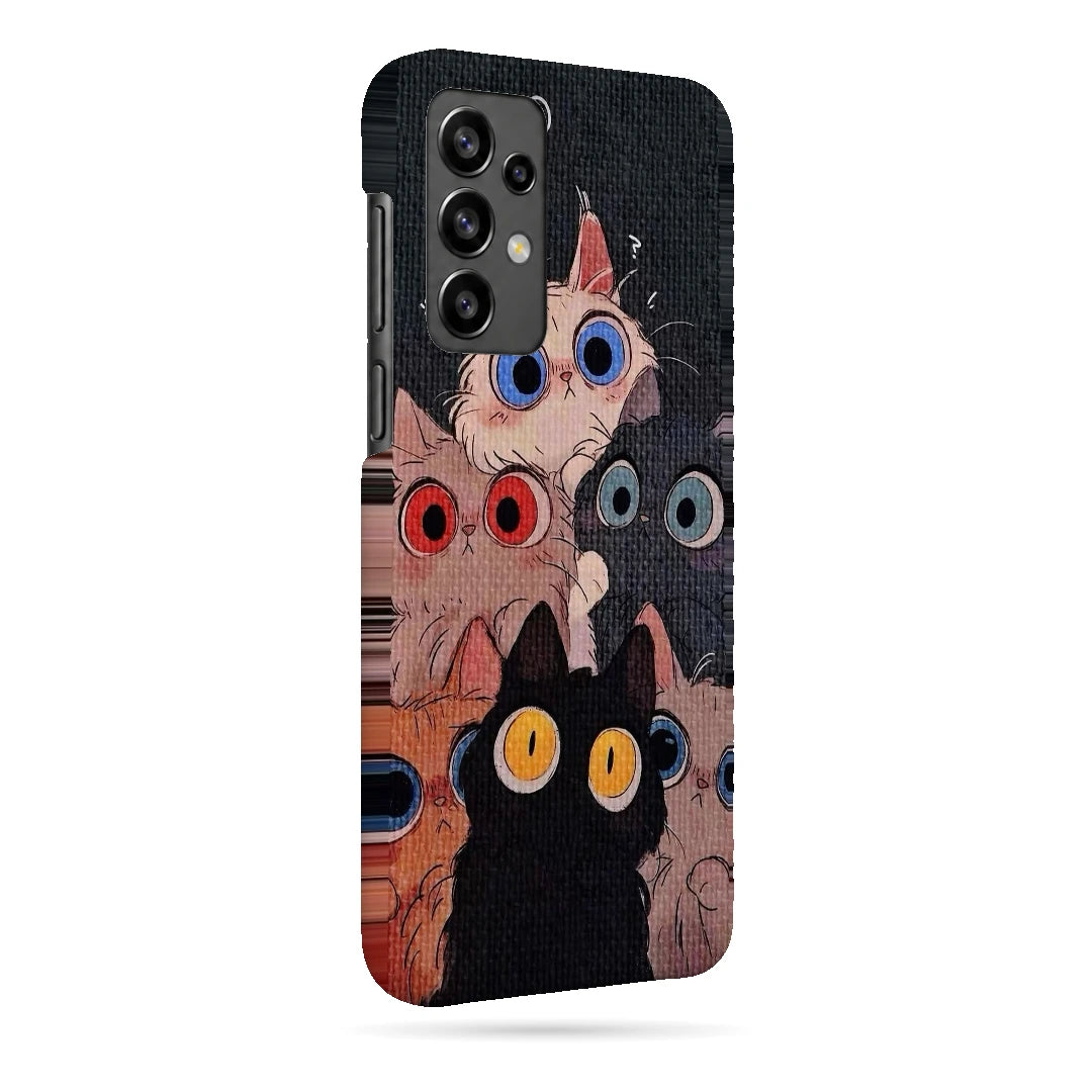 Curious Cats Close-Up 3D Print Samsung A32 4G Phone Case, right-side view; wide-eyed cats in cream, black, orange and gray on a dark background
