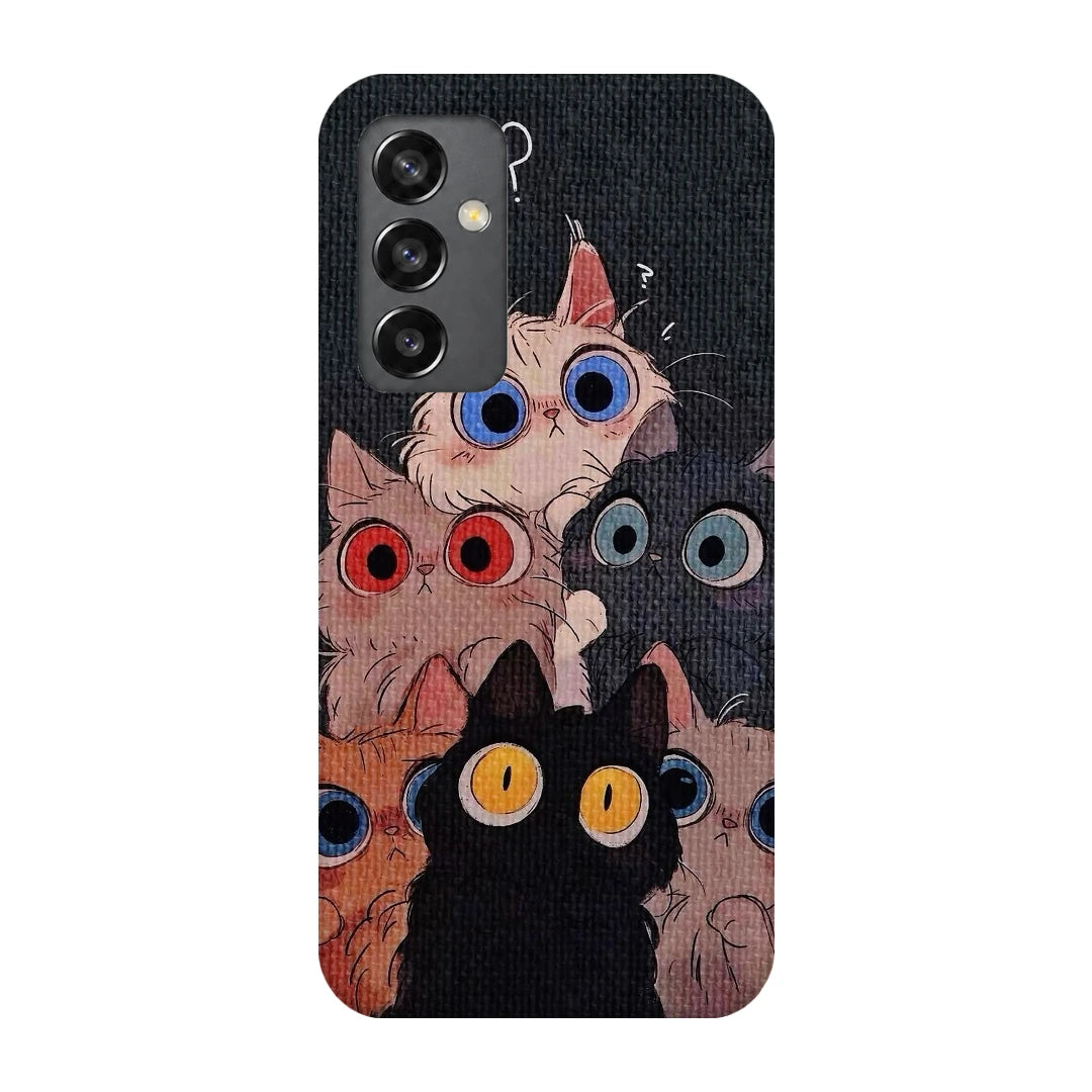 Curious Cats Close-Up 3D Print Samsung A34 5G Phone Case, back view; wide-eyed cats in cream, black, orange and gray on a dark background