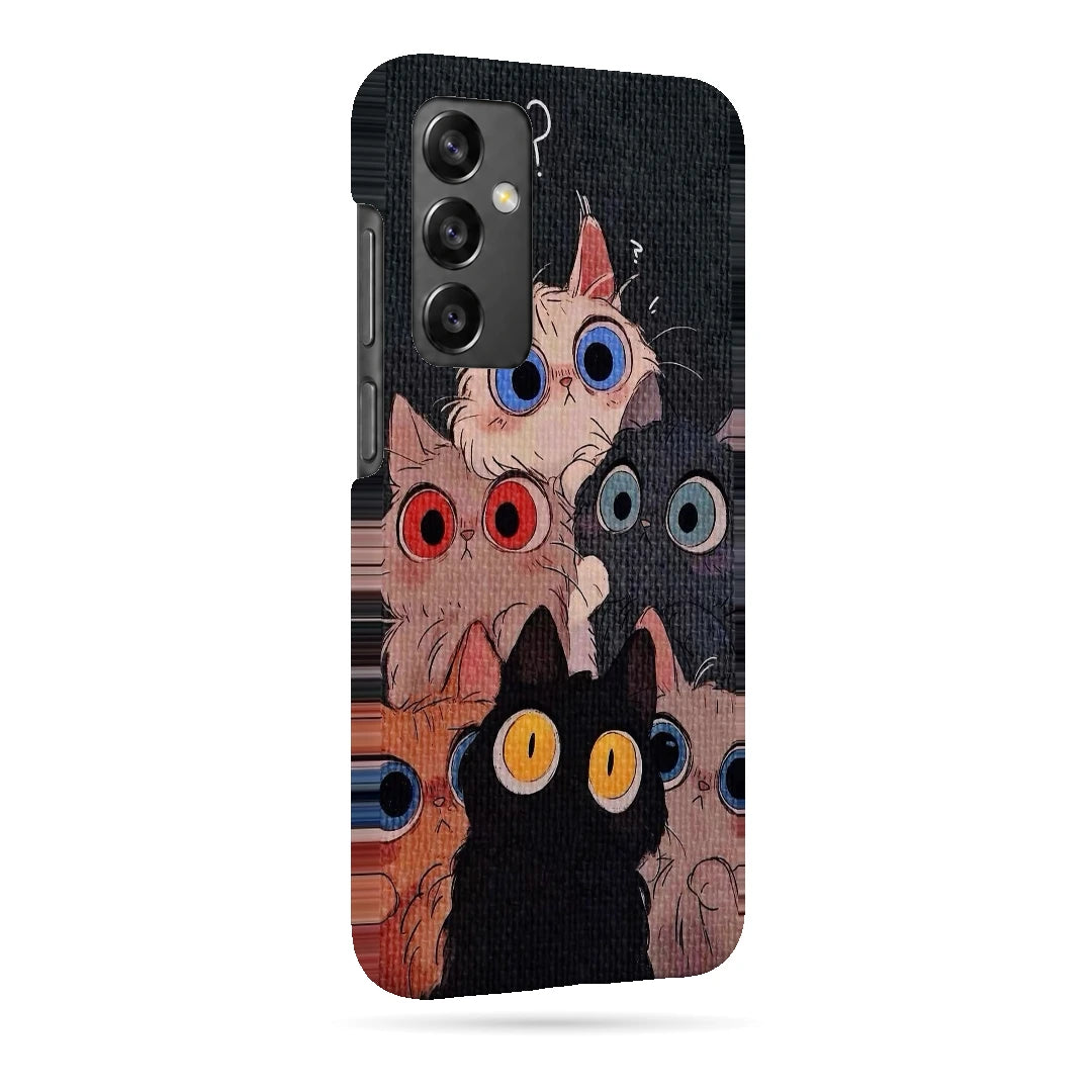 Curious Cats Close-Up 3D Print Samsung A34 5G Phone Case, right-side view; wide-eyed cats in cream, black, orange and gray on a dark background