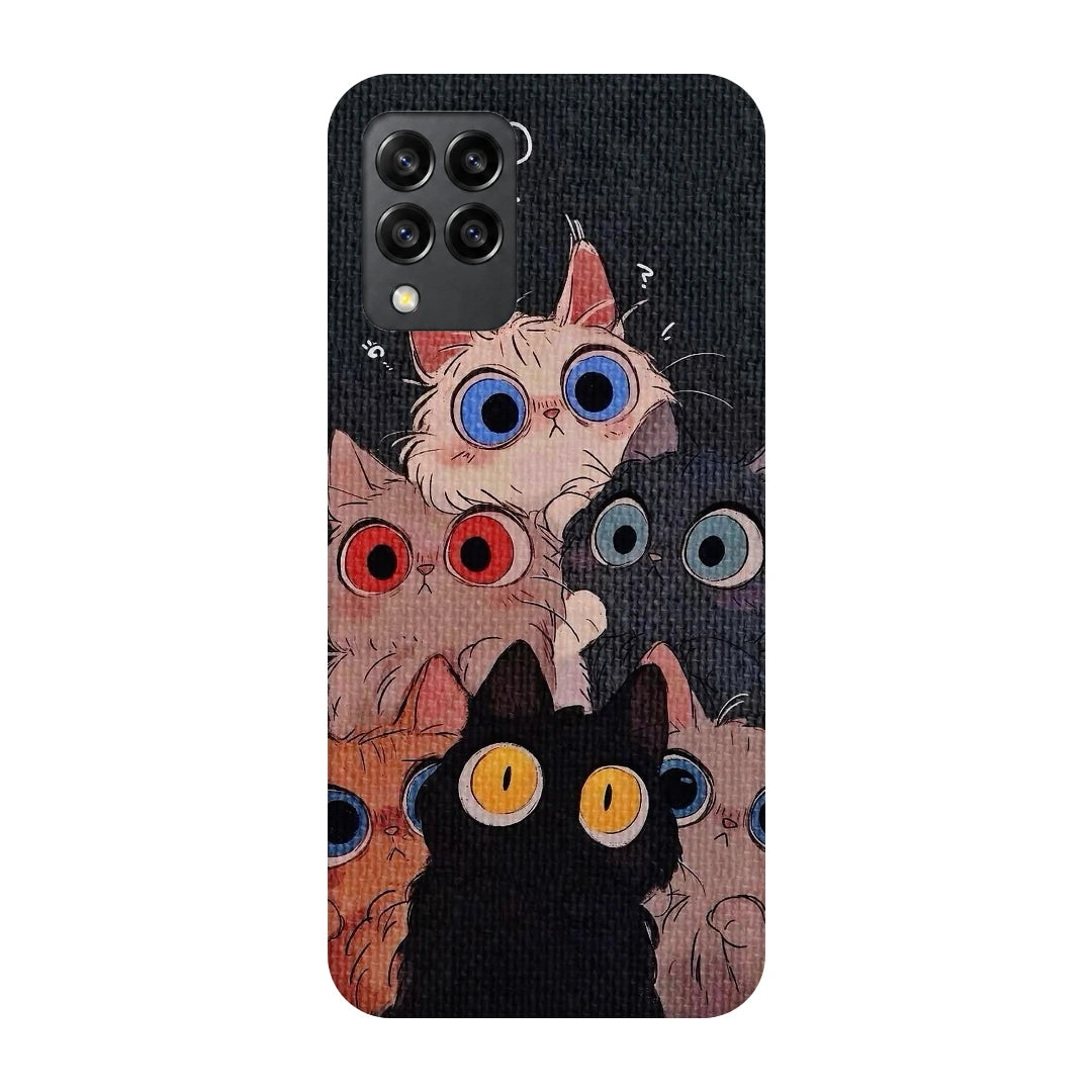 Curious Cats Close-Up 3D Print Samsung M32 4G Phone Case, back view; wide-eyed cats in cream, black, orange and gray on a dark background