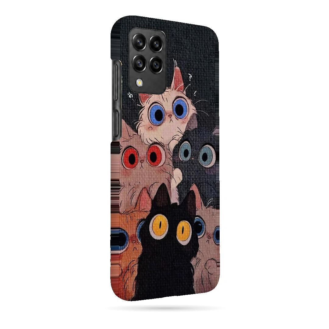 Curious Cats Close-Up 3D Print Samsung M32 4G Phone Case, right-side view; wide-eyed cats in cream, black, orange and gray on a dark background