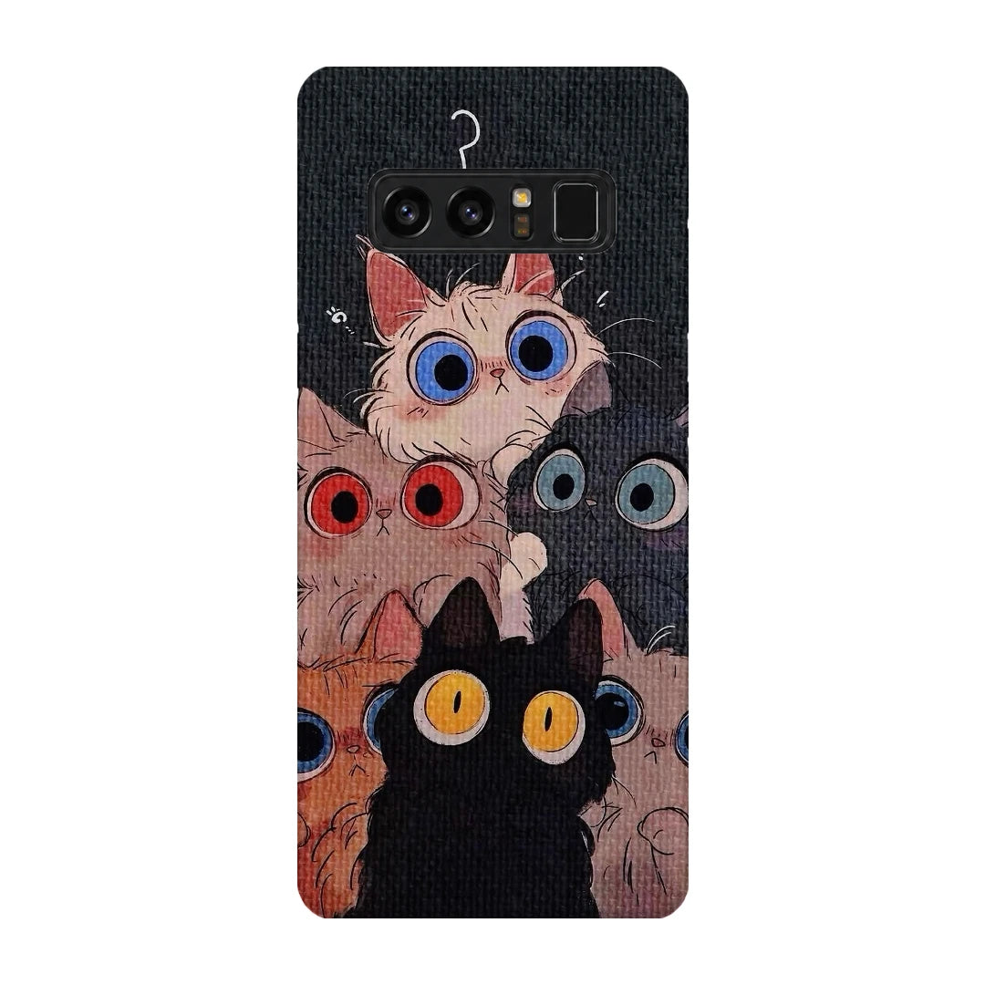 Curious Cats Close-Up 3D Print Samsung Note 8 Phone Case, back view; wide-eyed cats in cream, black, orange and gray on a dark background