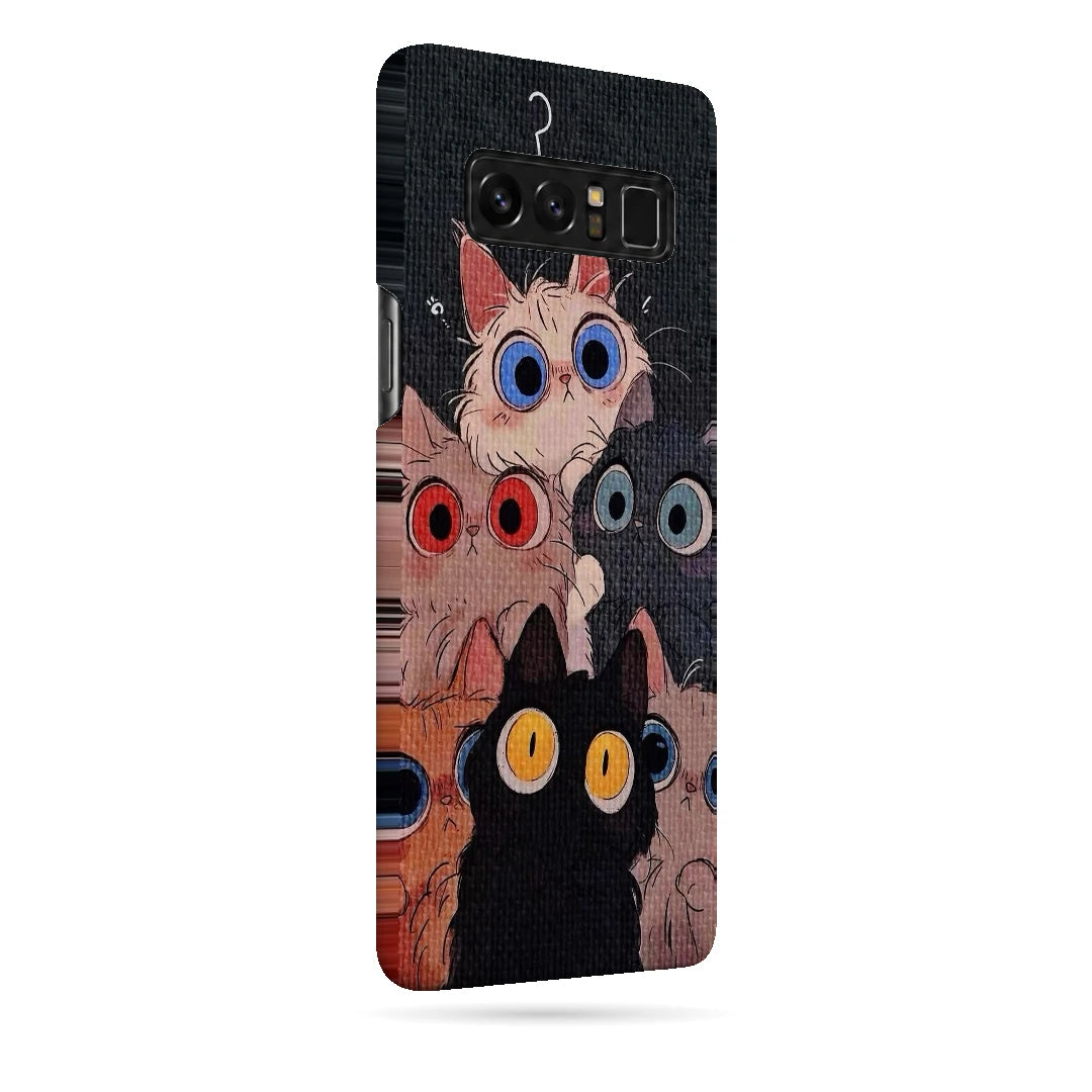 Curious Cats Close-Up 3D Print Samsung Note 8 Phone Case, right-side view; wide-eyed cats in cream, black, orange and gray on a dark background