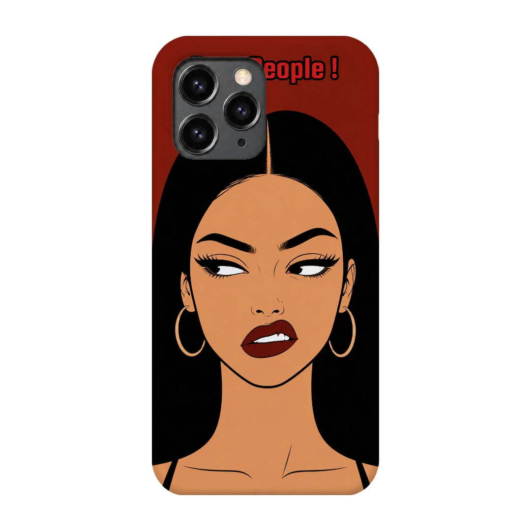 Unimpressed Girl Portrait 3D Print iPhone 11 Pro Phone Case, back view; an unimpressed illustrated woman with dark hair on a red background