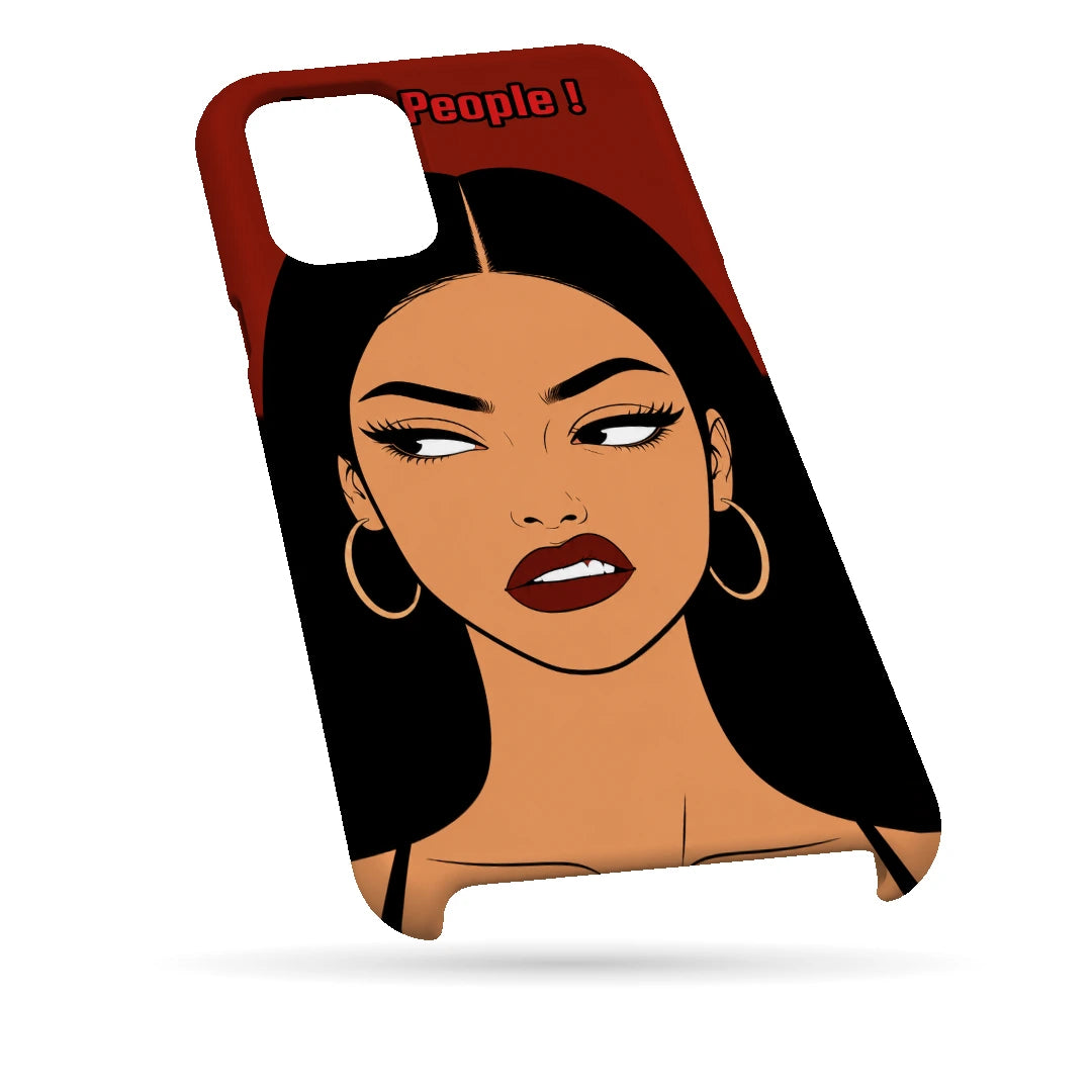 Unimpressed Girl Portrait 3D Print iPhone 11 Pro Phone Case, bottom view; an unimpressed illustrated woman with dark hair on a red background