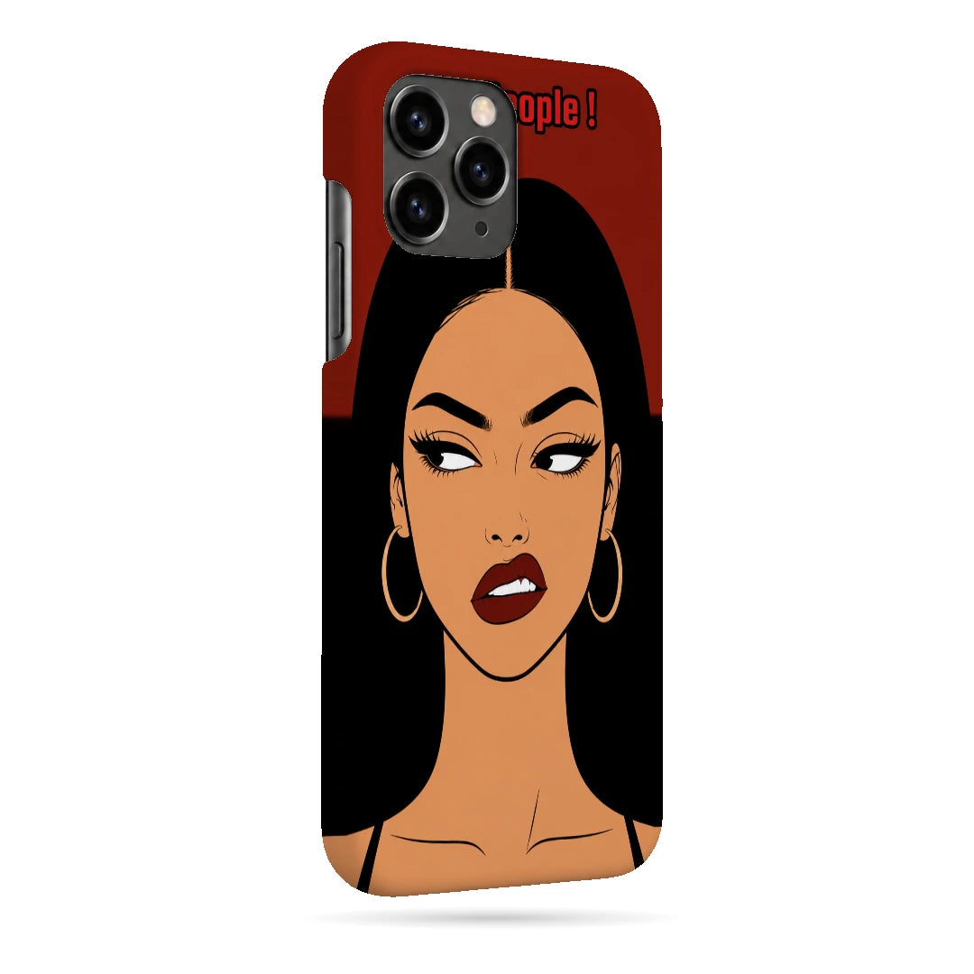 Unimpressed Girl Portrait 3D Print iPhone 11 Pro Phone Case, right-side view; an unimpressed illustrated woman with dark hair on a red background