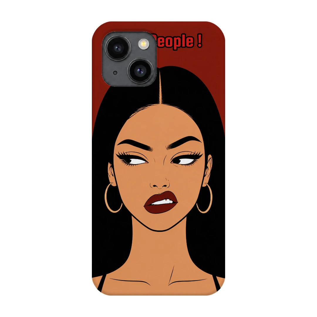 Unimpressed Girl Portrait 3D Print iPhone 14 Phone Case, back view; an unimpressed illustrated woman with dark hair on a red background