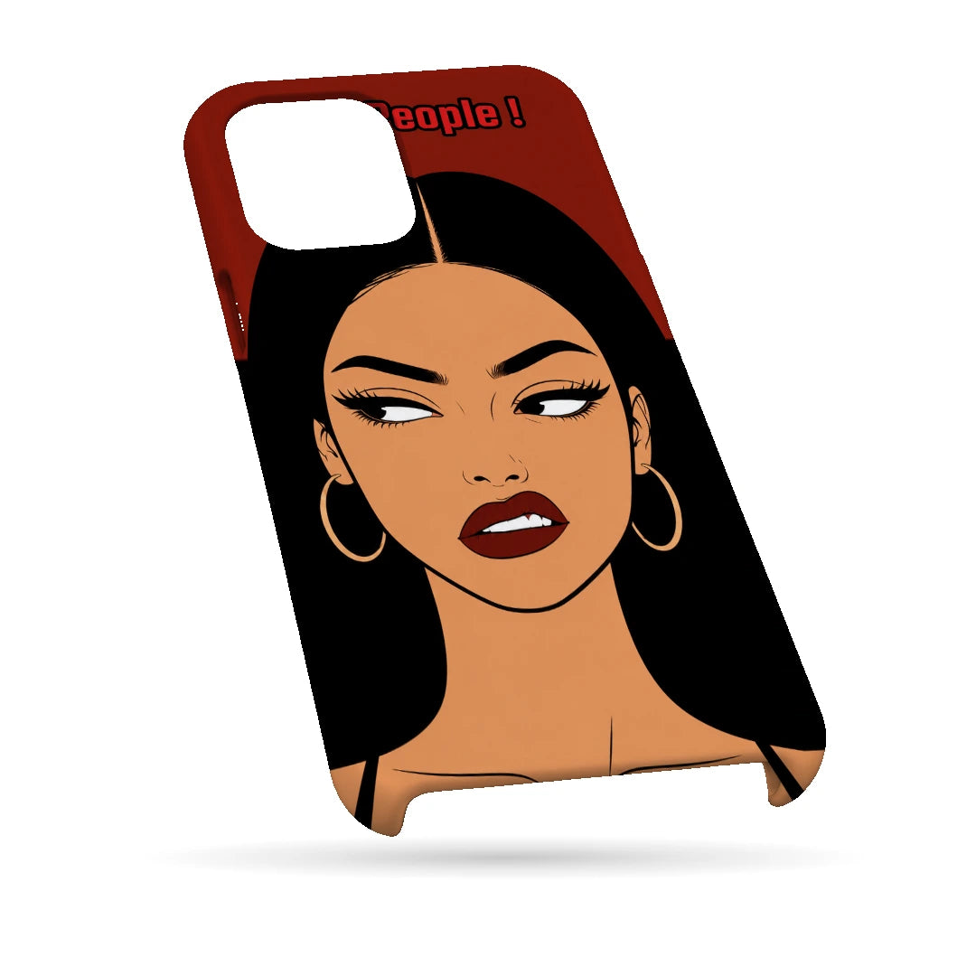 Unimpressed Girl Portrait 3D Print iPhone 14 Phone Case, bottom view; an unimpressed illustrated woman with dark hair on a red background