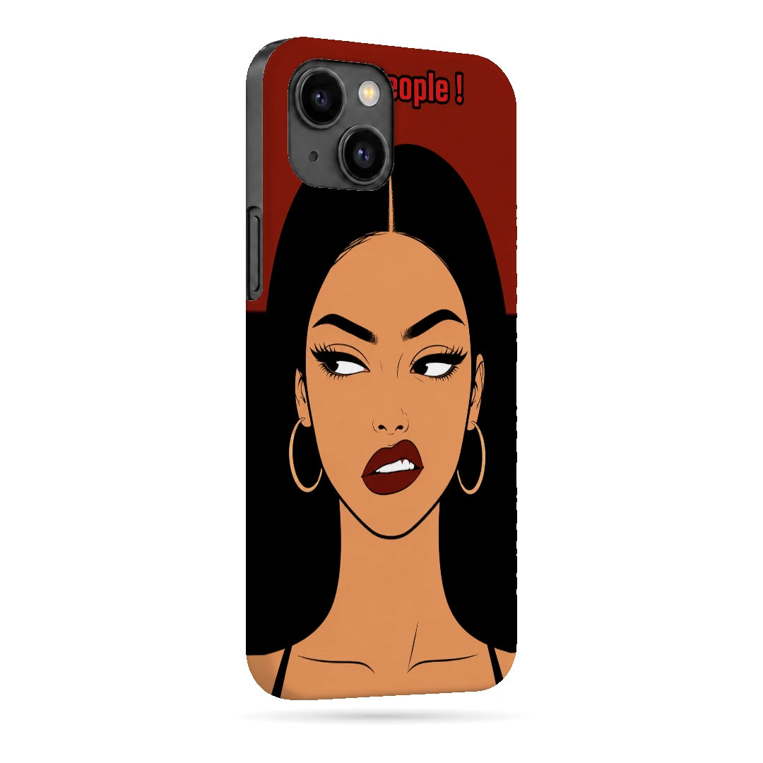 Unimpressed Girl Portrait 3D Print iPhone 14 Phone Case, right-side view; an unimpressed illustrated woman with dark hair on a red background