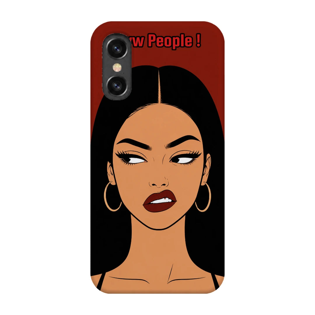 Unimpressed Girl Portrait 3D Print iPhone X Phone Case, back view; an unimpressed illustrated woman with dark hair on a red background