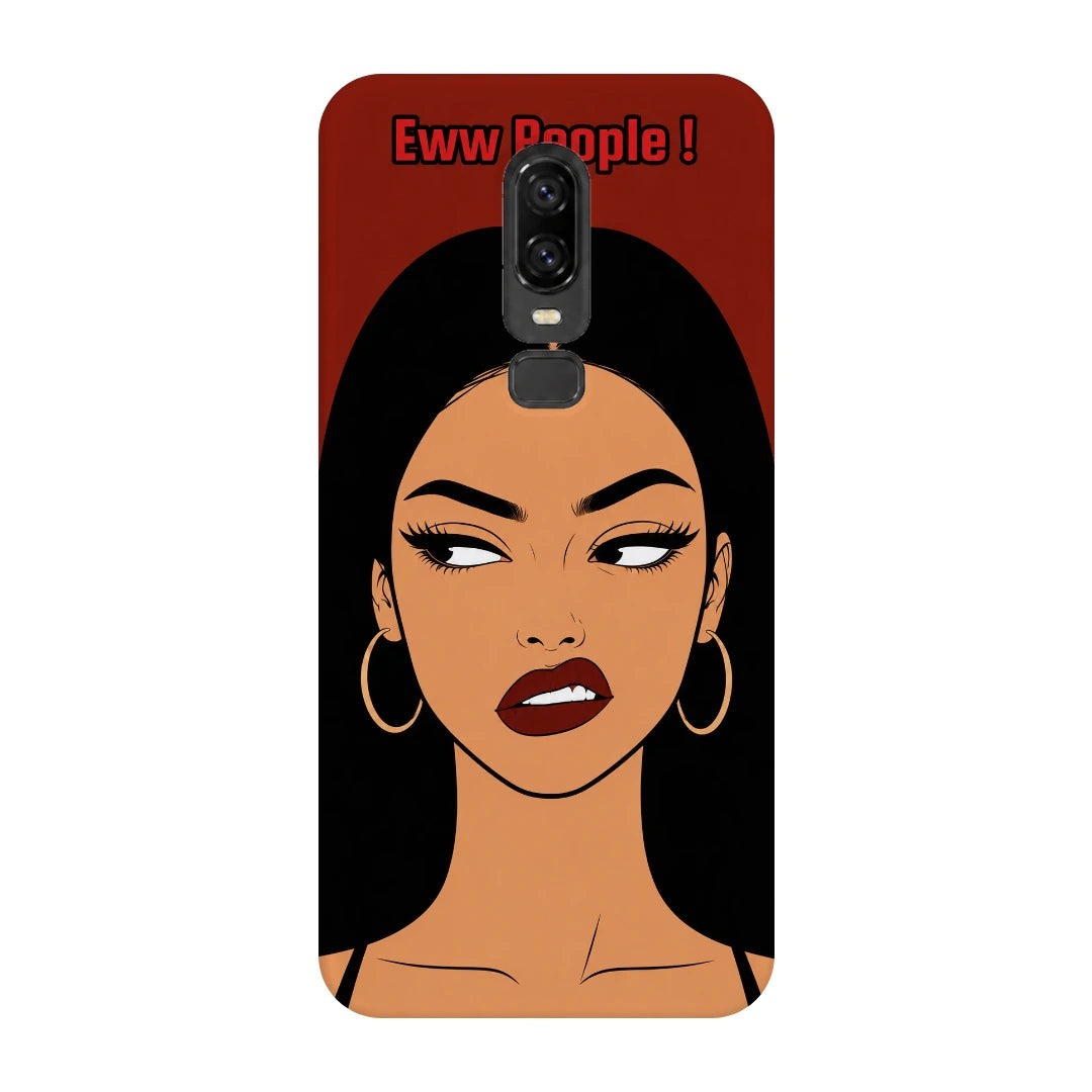 Unimpressed Girl Portrait 3D Print OnePlus 6 Phone Case, back view; an unimpressed illustrated woman with dark hair on a red background